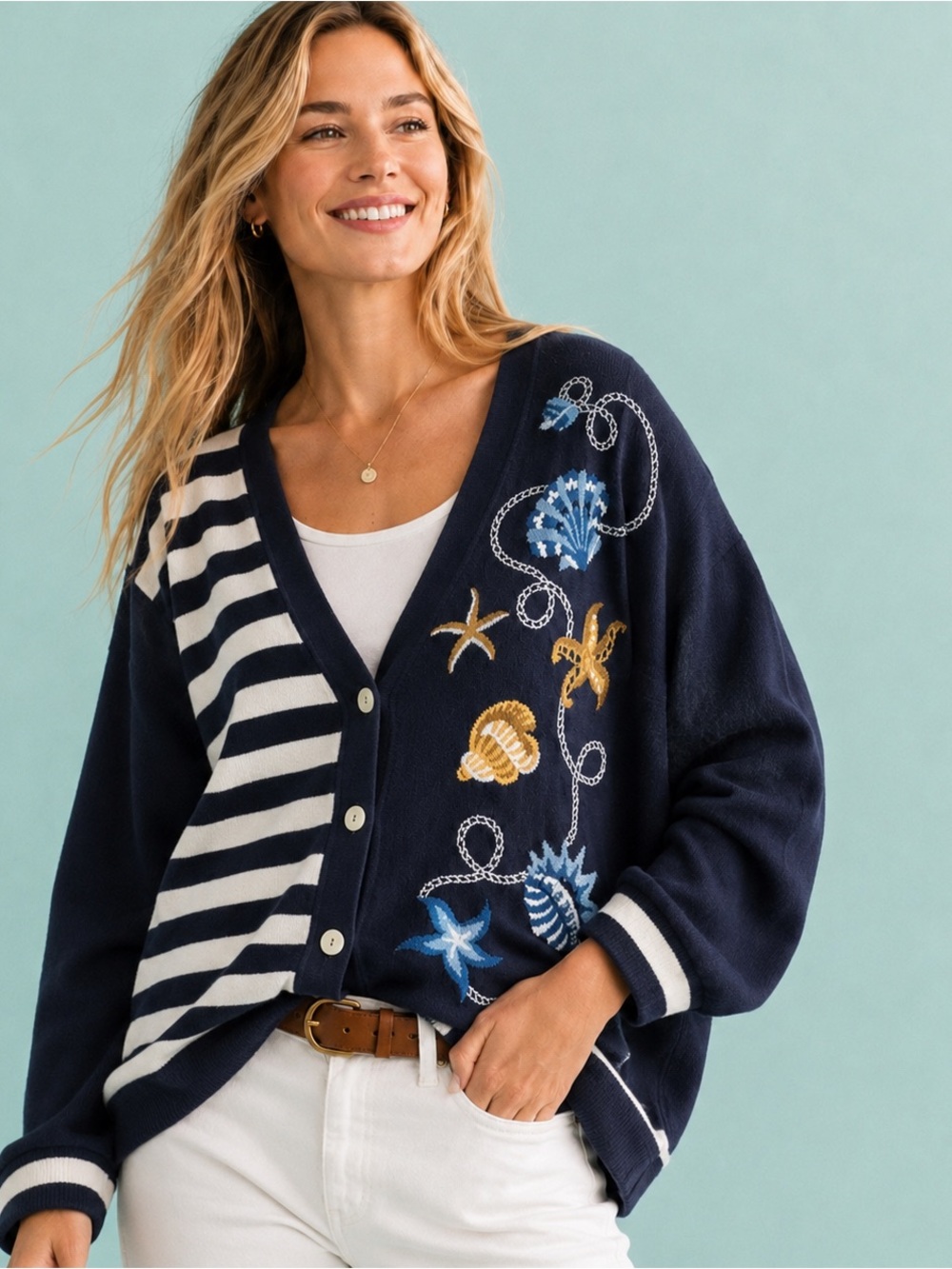 Coastal Cardigan Vintage Nautical Theme Talbots Large Cotton Blend